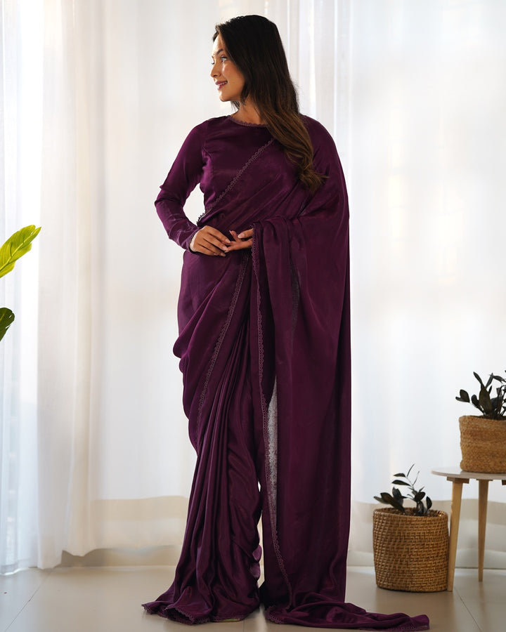 Wine Color Marble Velvet Pre Draped Saree