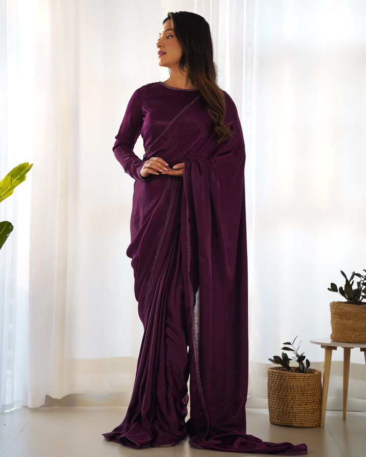 Wine Color Marble Velvet Pre Draped Saree