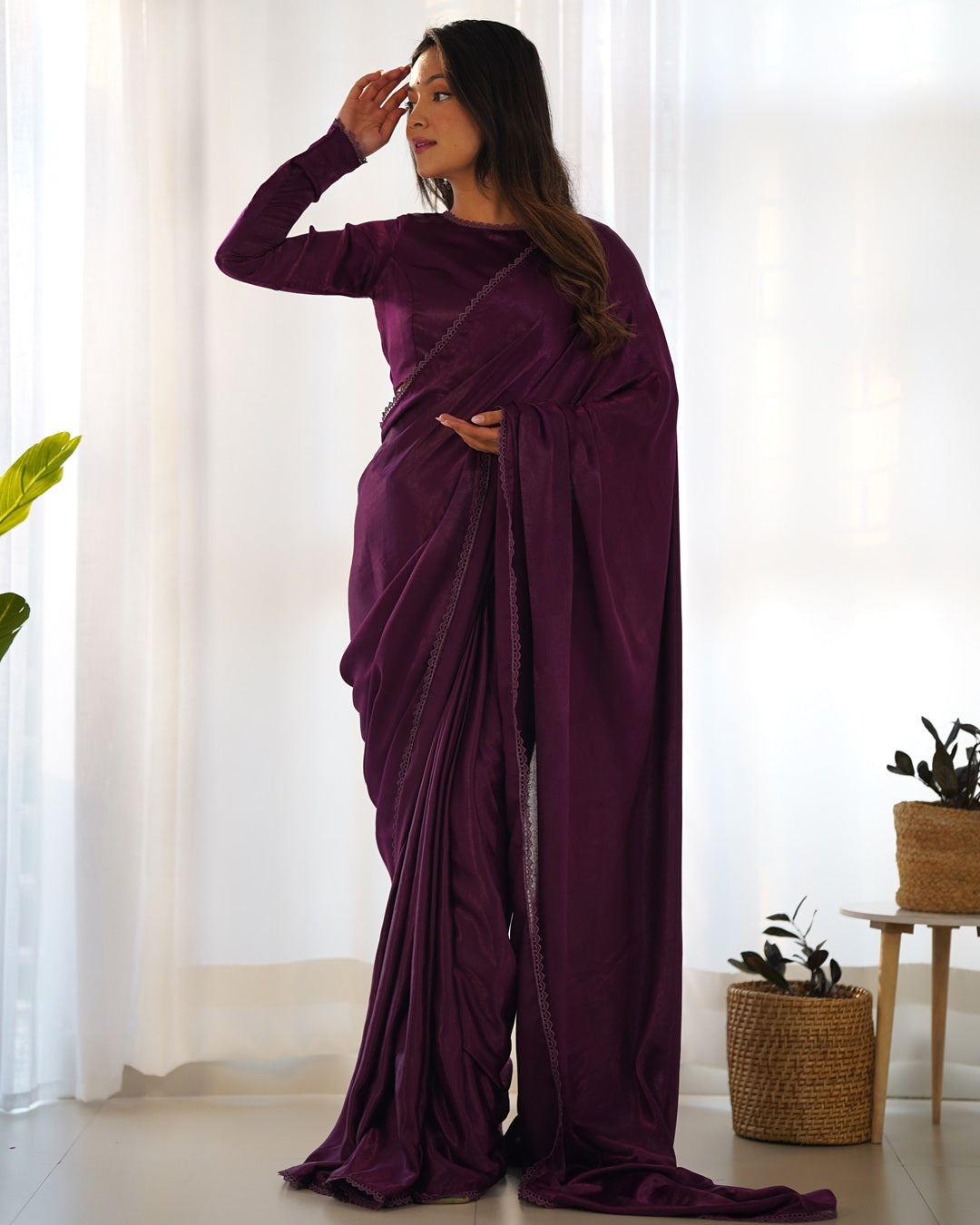 Wine Color Marble Velvet Pre Draped Saree