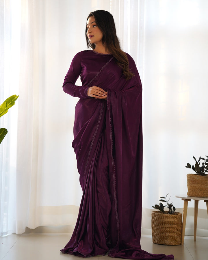 Wine Color Marble Velvet Pre Draped Saree