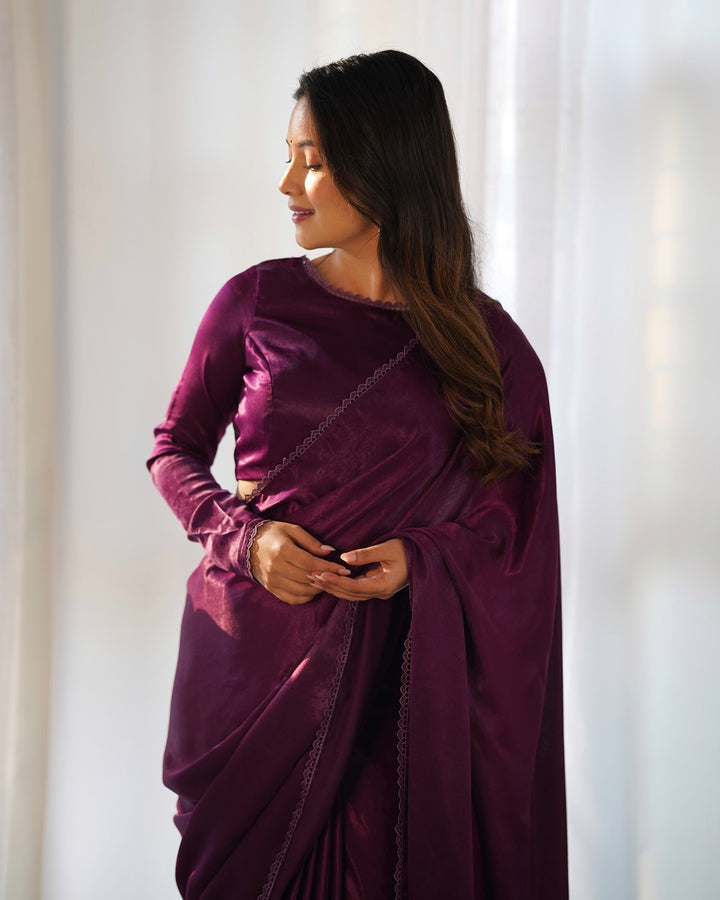 Wine Color Marble Velvet Pre Draped Saree