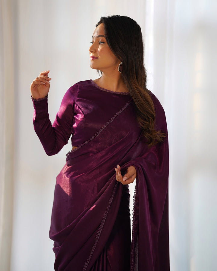 Wine Color Marble Velvet Pre Draped Saree