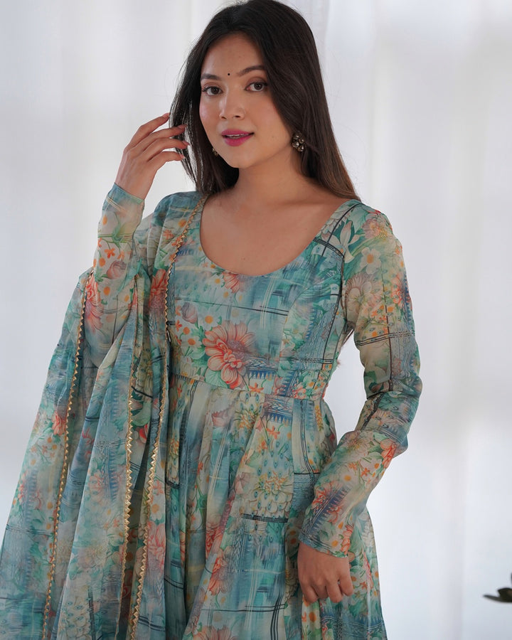 Bottle Green Color Floral Print Organza Three Piece Anarkali Suit