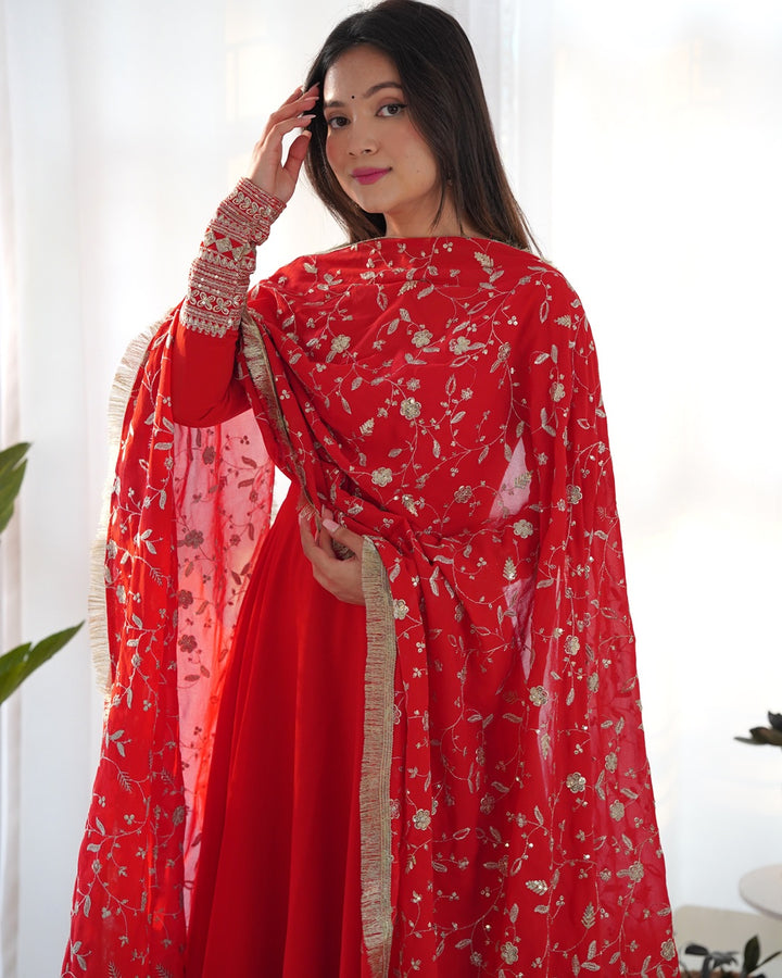 Red Color Soft Georgette Anarkali Gown With Heavy Embroidery Work Dupatta