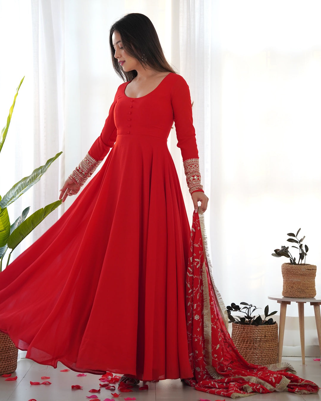 Red Color Soft Georgette Anarkali Gown With Heavy Embroidery Work Dupatta