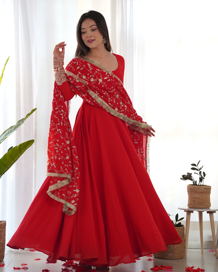 Red Color Soft Georgette Anarkali Gown With Heavy Embroidery Work Dupatta