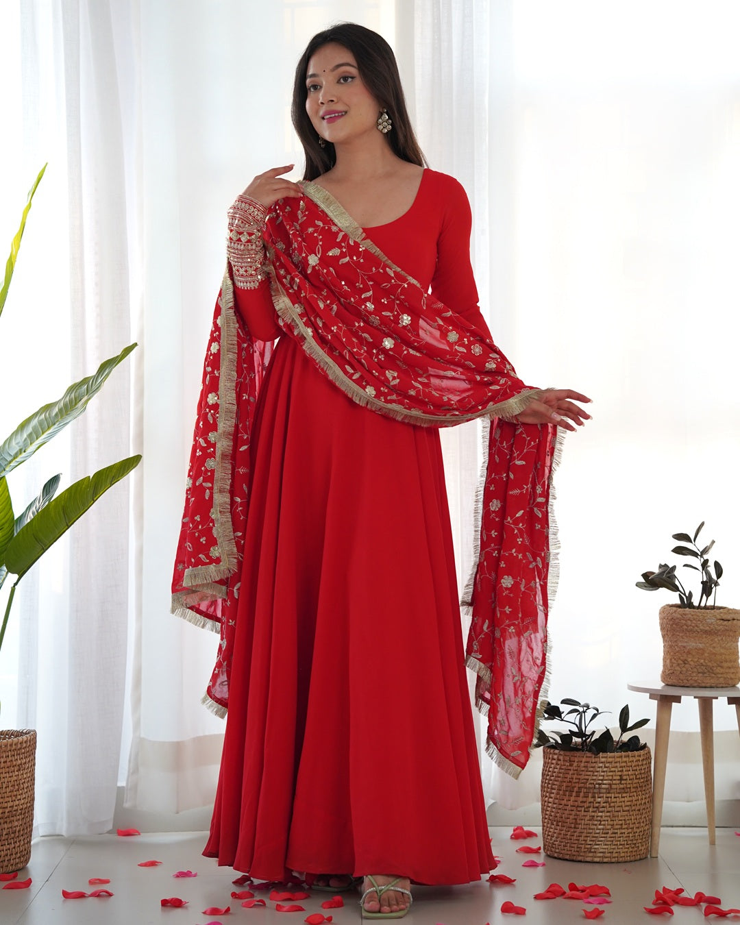 Red Color Soft Georgette Anarkali Gown With Heavy Embroidery Work Dupatta