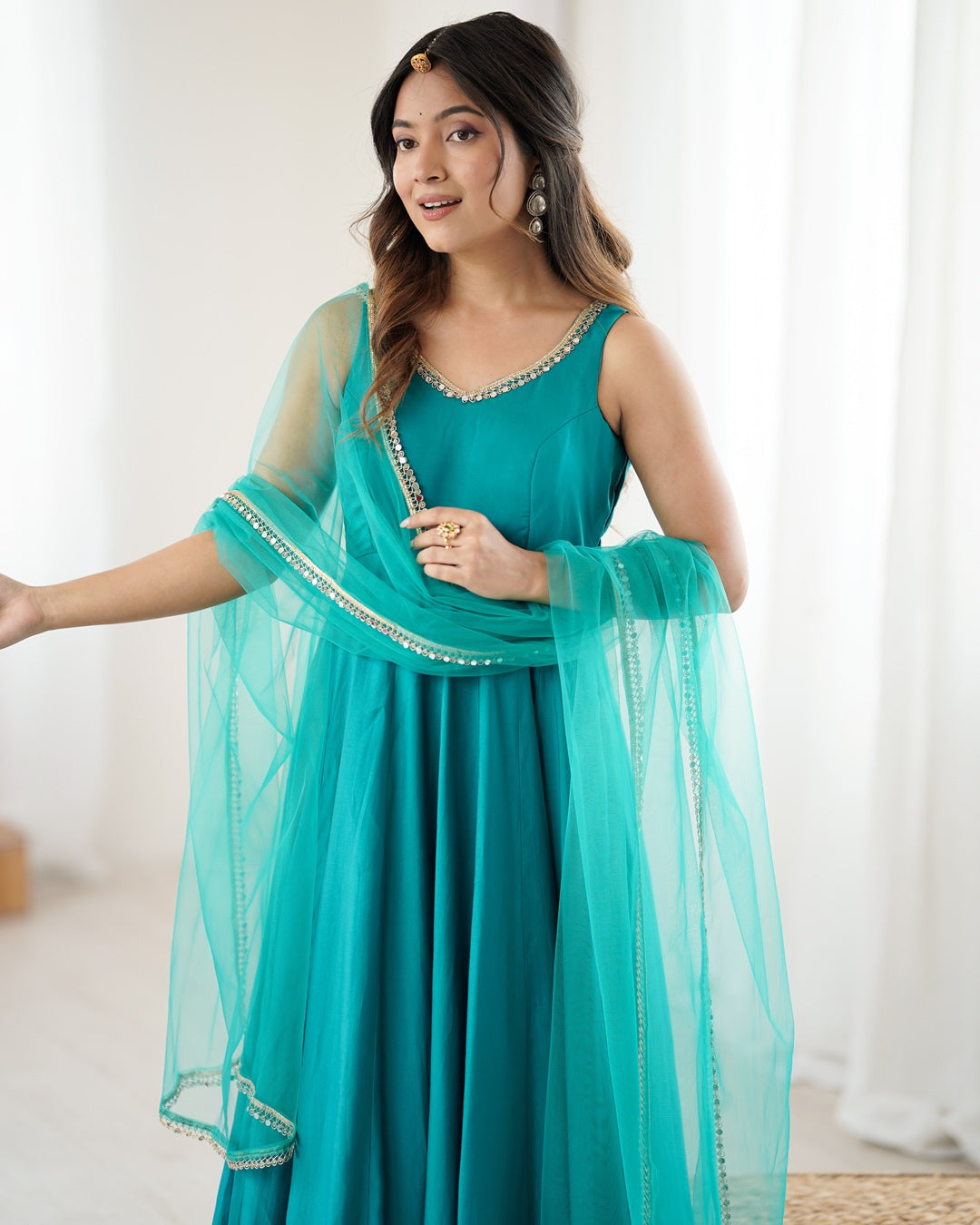 Rama Colour Roman Silk Chanderi Flared Anarkali Set with Dupatta & Pants