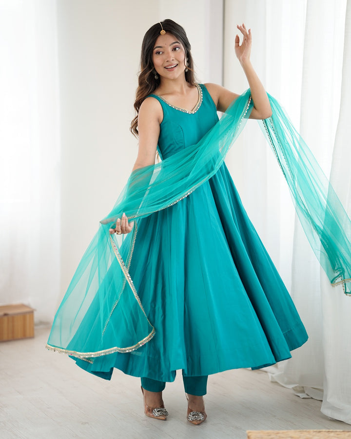Rama Colour Roman Silk Chanderi Flared Anarkali Set with Dupatta & Pants