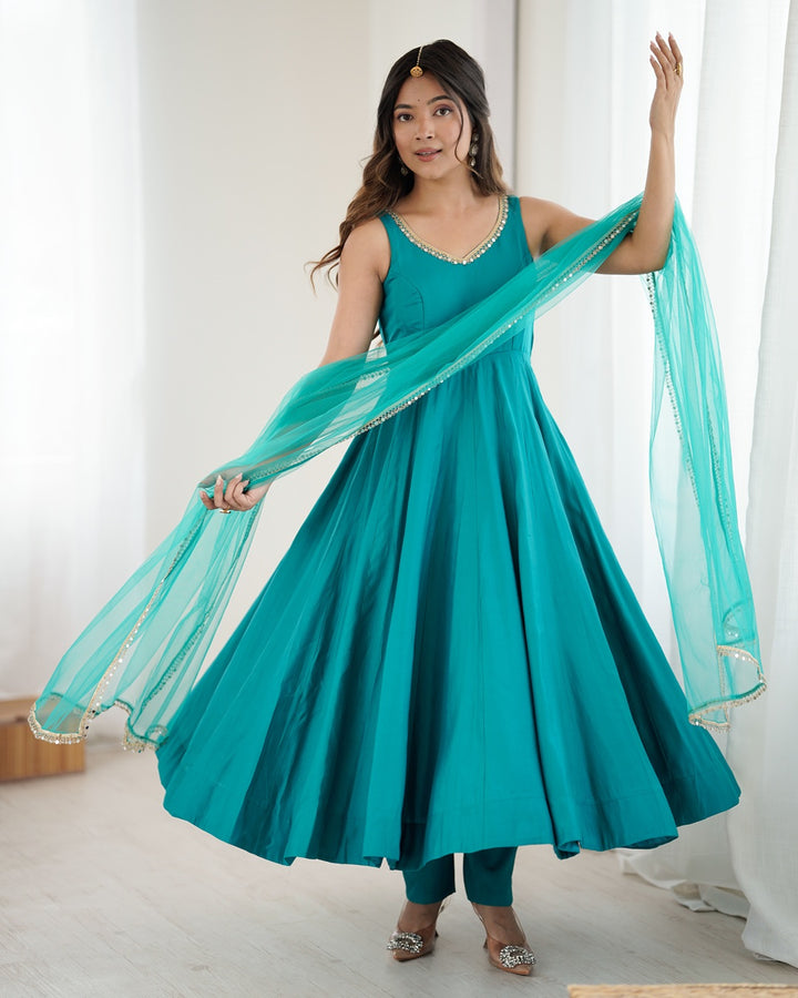 Rama Colour Roman Silk Chanderi Flared Anarkali Set with Dupatta & Pants