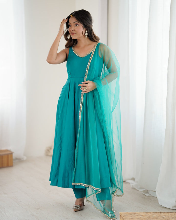 Rama Colour Roman Silk Chanderi Flared Anarkali Set with Dupatta & Pants