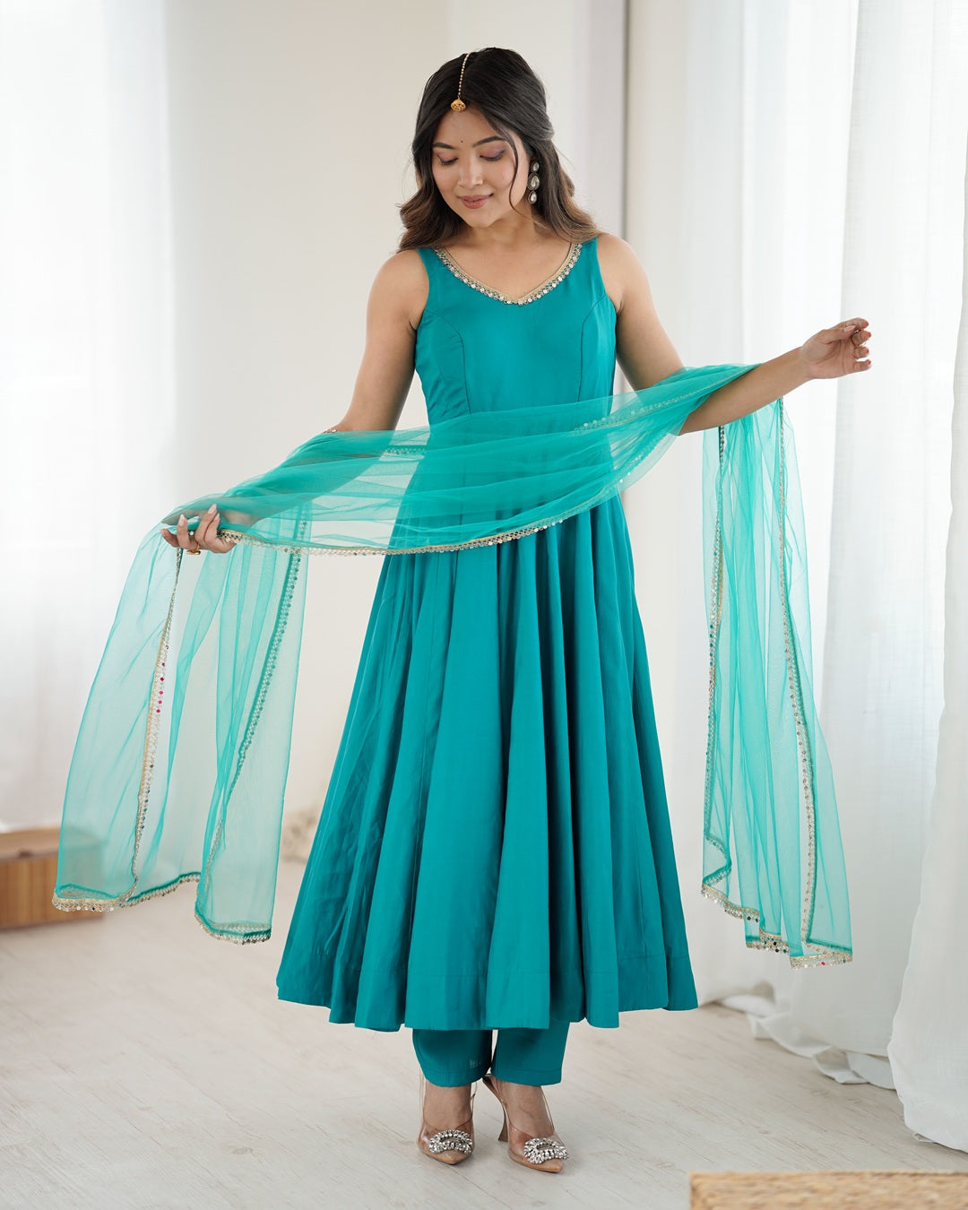 Rama Colour Roman Silk Chanderi Flared Anarkali Set with Dupatta & Pants