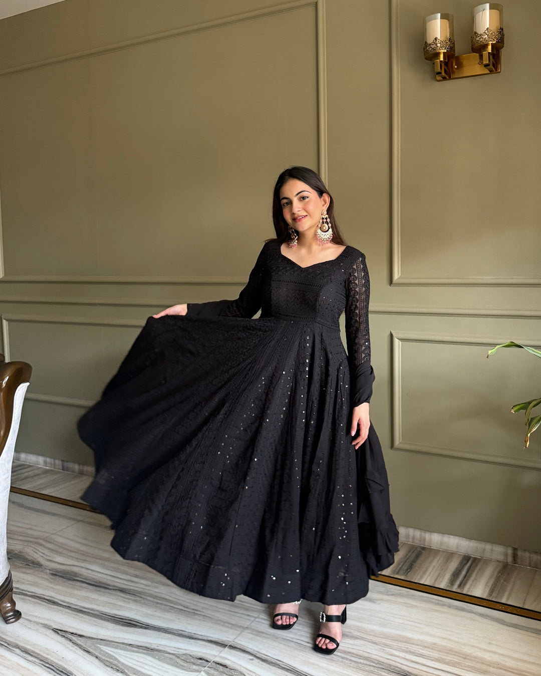 Black Lucknowi Work Georgette Anarkali Suit Set – Elegant Festive & Party Wear