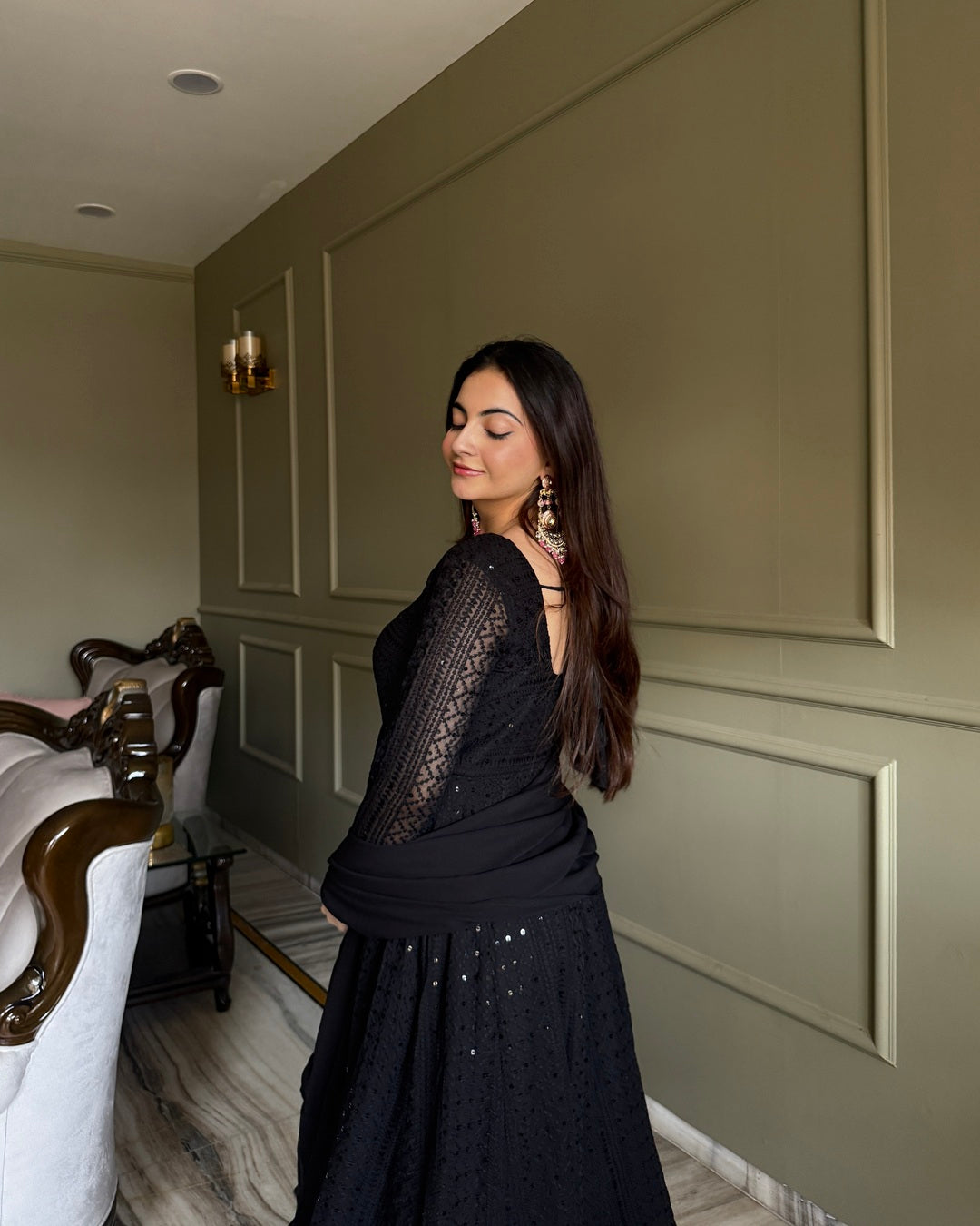 Black Lucknowi Work Georgette Anarkali Suit Set – Elegant Festive & Party Wear