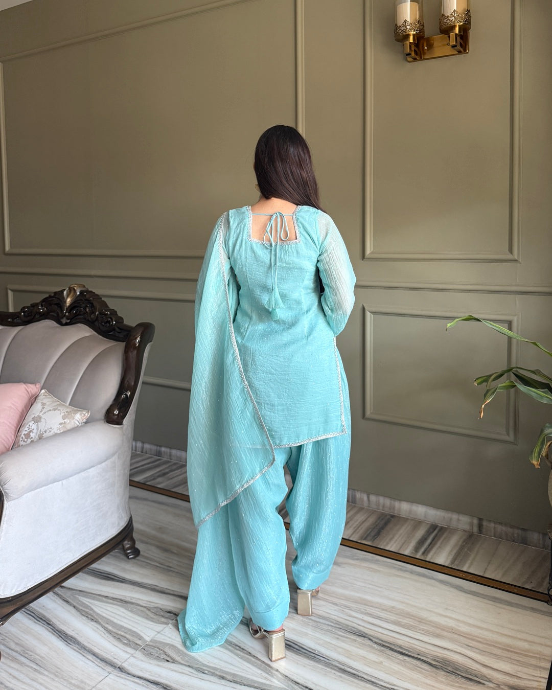 Teal Crunchy Silk Farshi Salwar Suit Set with Swarovski Work – Designer Festive Wear