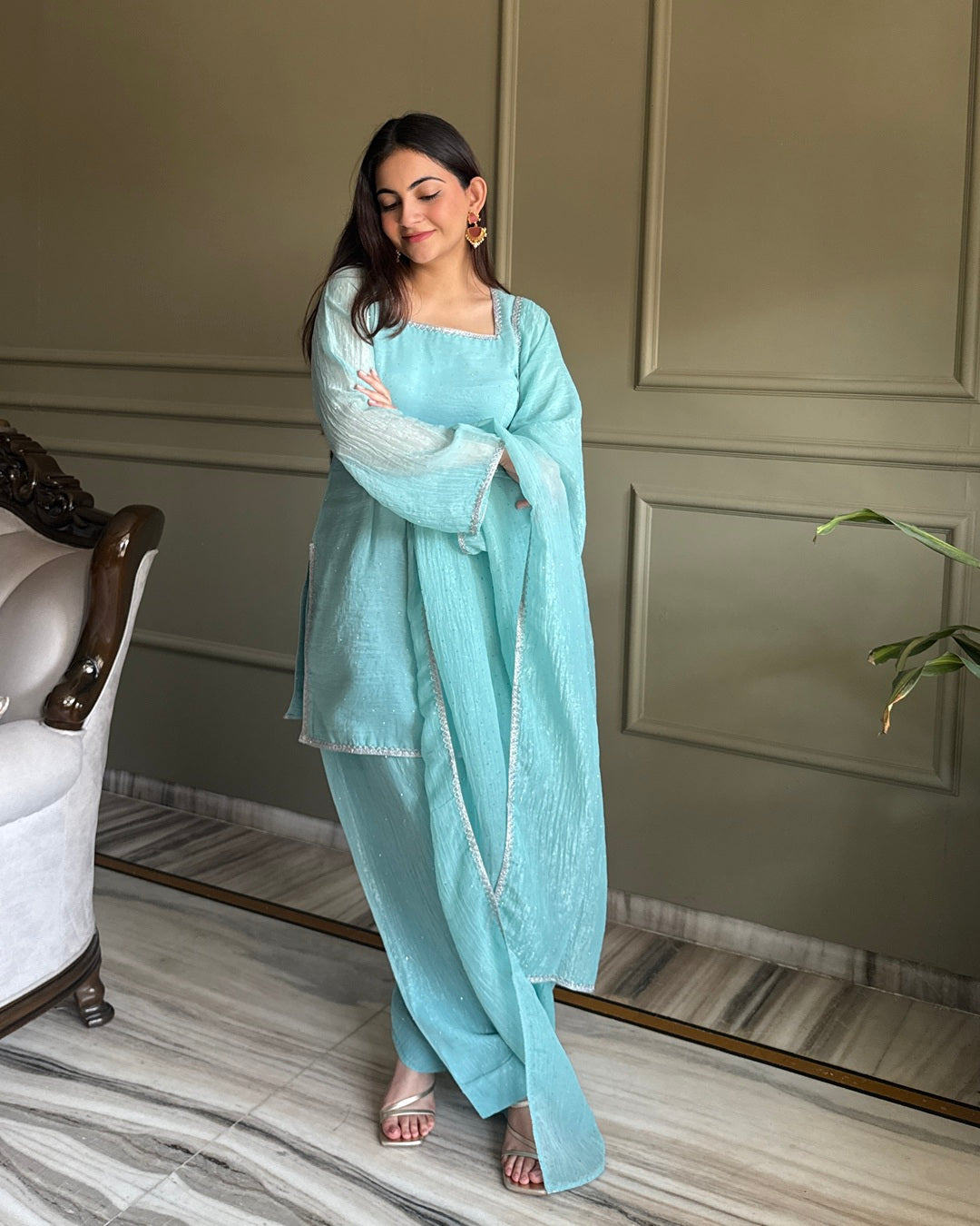 Teal Crunchy Silk Farshi Salwar Suit Set with Swarovski Work – Designer Festive Wear