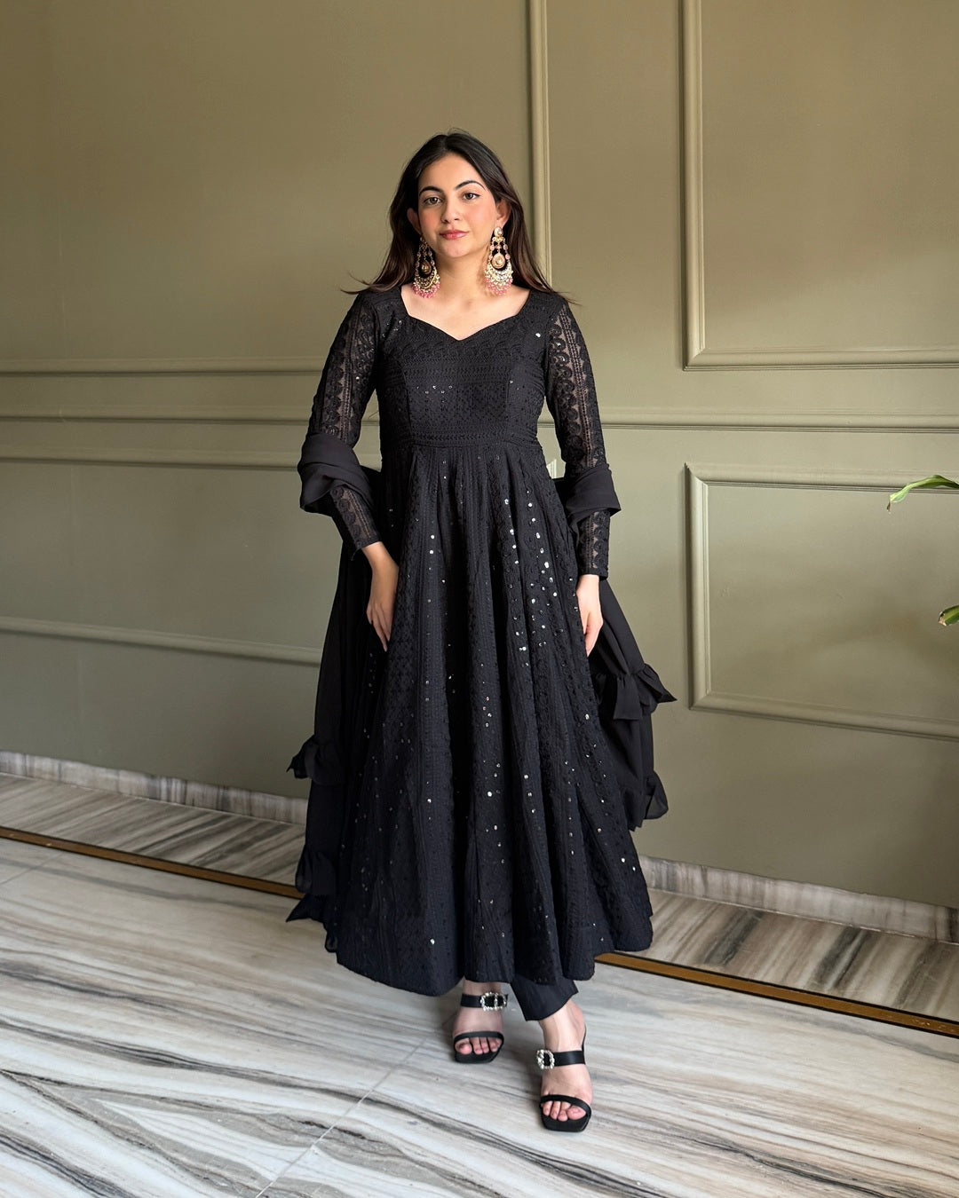 Black Lucknowi Work Georgette Anarkali Suit Set – Elegant Festive & Party Wear