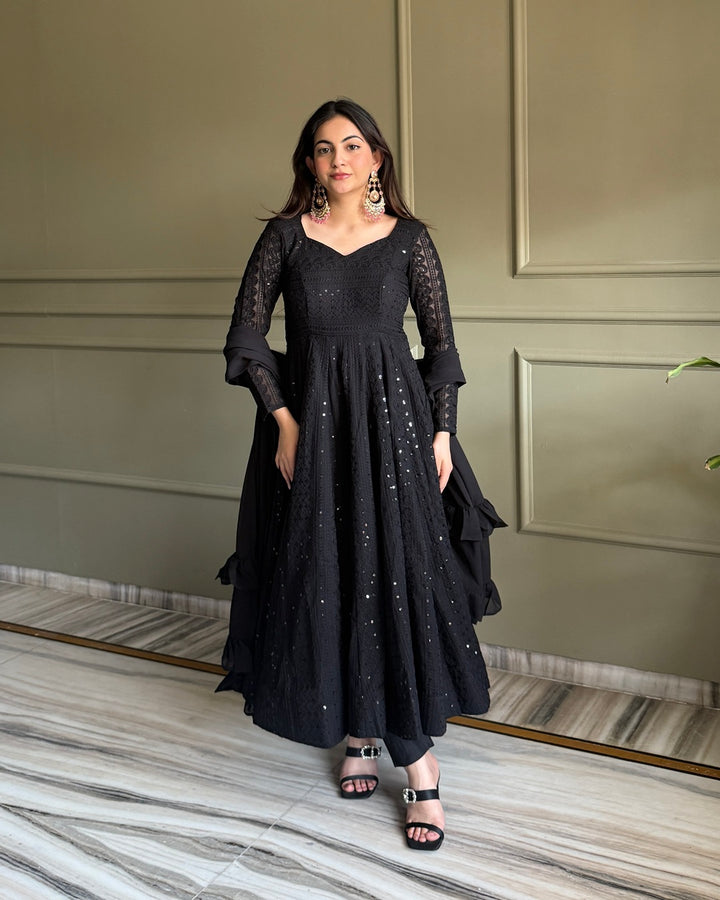 Black Lucknowi Work Georgette Anarkali Suit Set – Elegant Festive & Party Wear