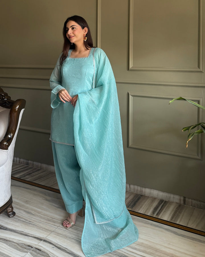 Teal Crunchy Silk Farshi Salwar Suit Set with Swarovski Work – Designer Festive Wear