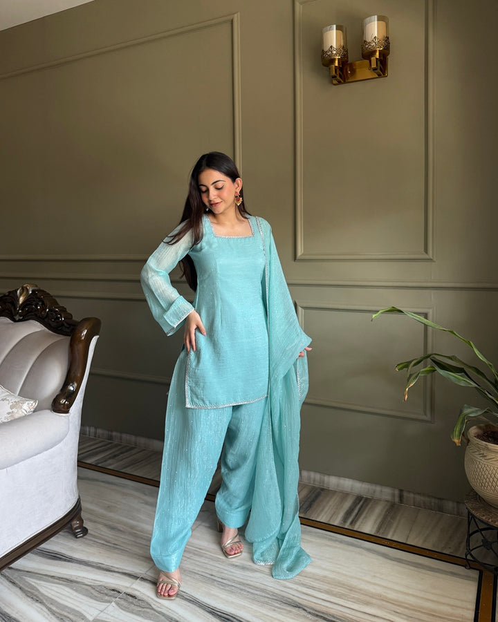 Teal Crunchy Silk Farshi Salwar Suit Set with Swarovski Work – Designer Festive Wear