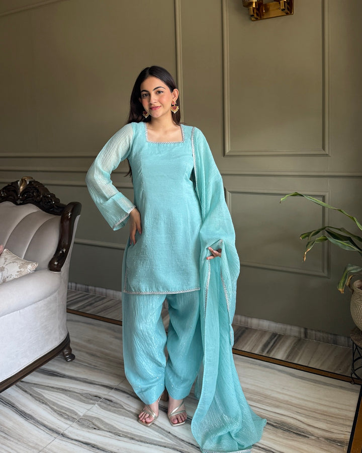 Teal Crunchy Silk Farshi Salwar Suit Set with Swarovski Work – Designer Festive Wear