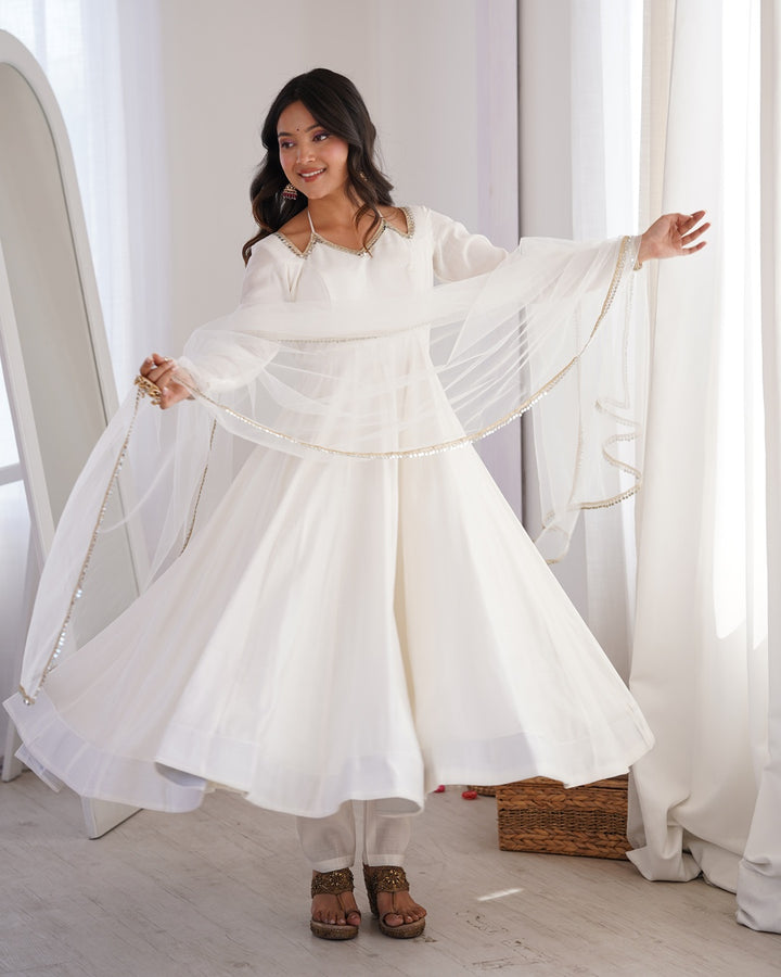 Off White Chanderi Roman Silk Anarkali Suit Set – Festive Designer Three Piece Ethnic Wear