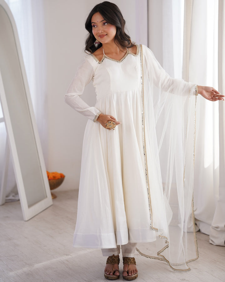 Off White Chanderi Roman Silk Anarkali Suit Set – Festive Designer Three Piece Ethnic Wear