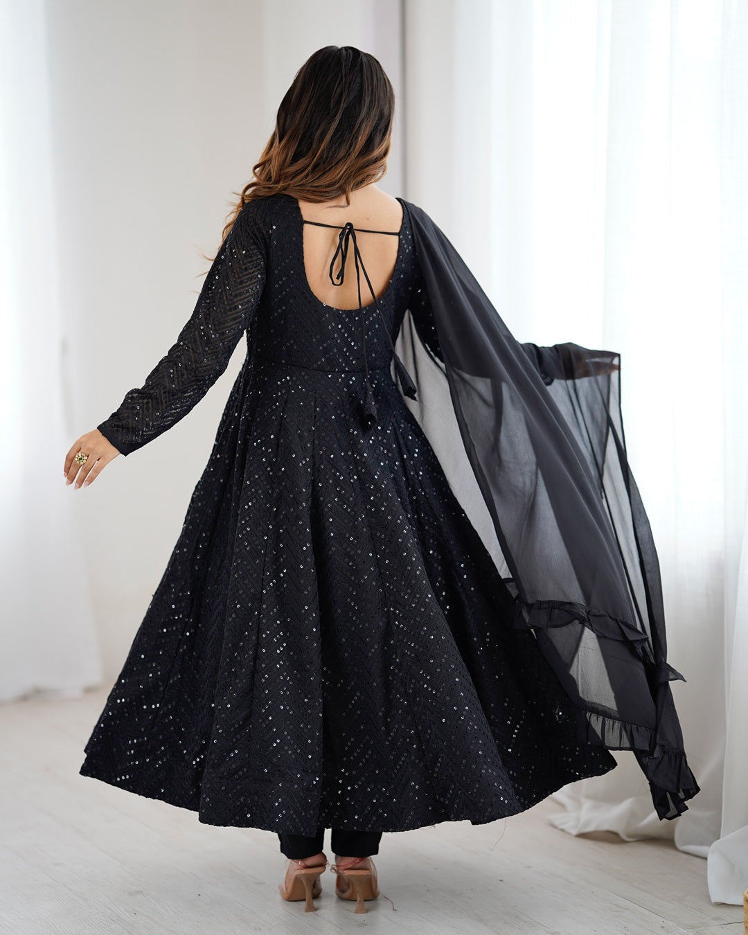 Black Color Georgette Lucknowi Three Piece Anarkali Suit
