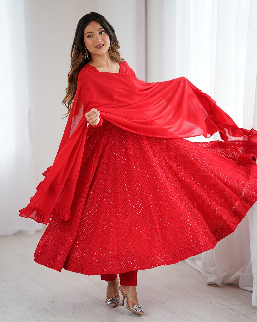 Red Georgette Lucknowi Three-Piece Anarkali Suit