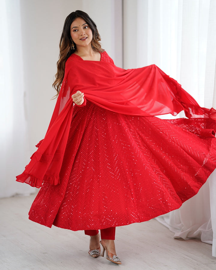 Red Georgette Lucknowi Three-Piece Anarkali Suit