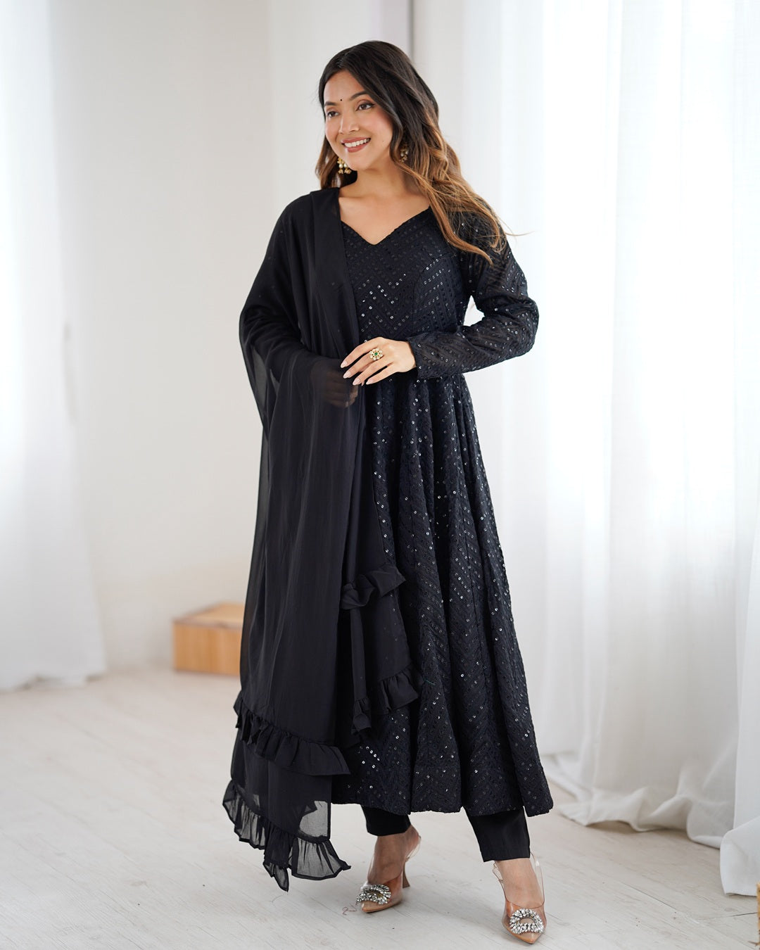 Black Color Georgette Lucknowi Three Piece Anarkali Suit