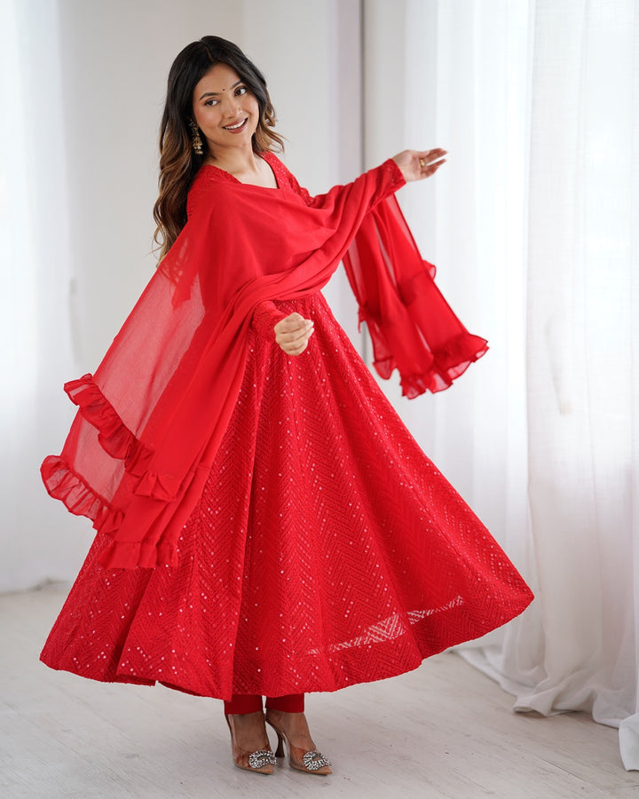 Red Georgette Lucknowi Three-Piece Anarkali Suit