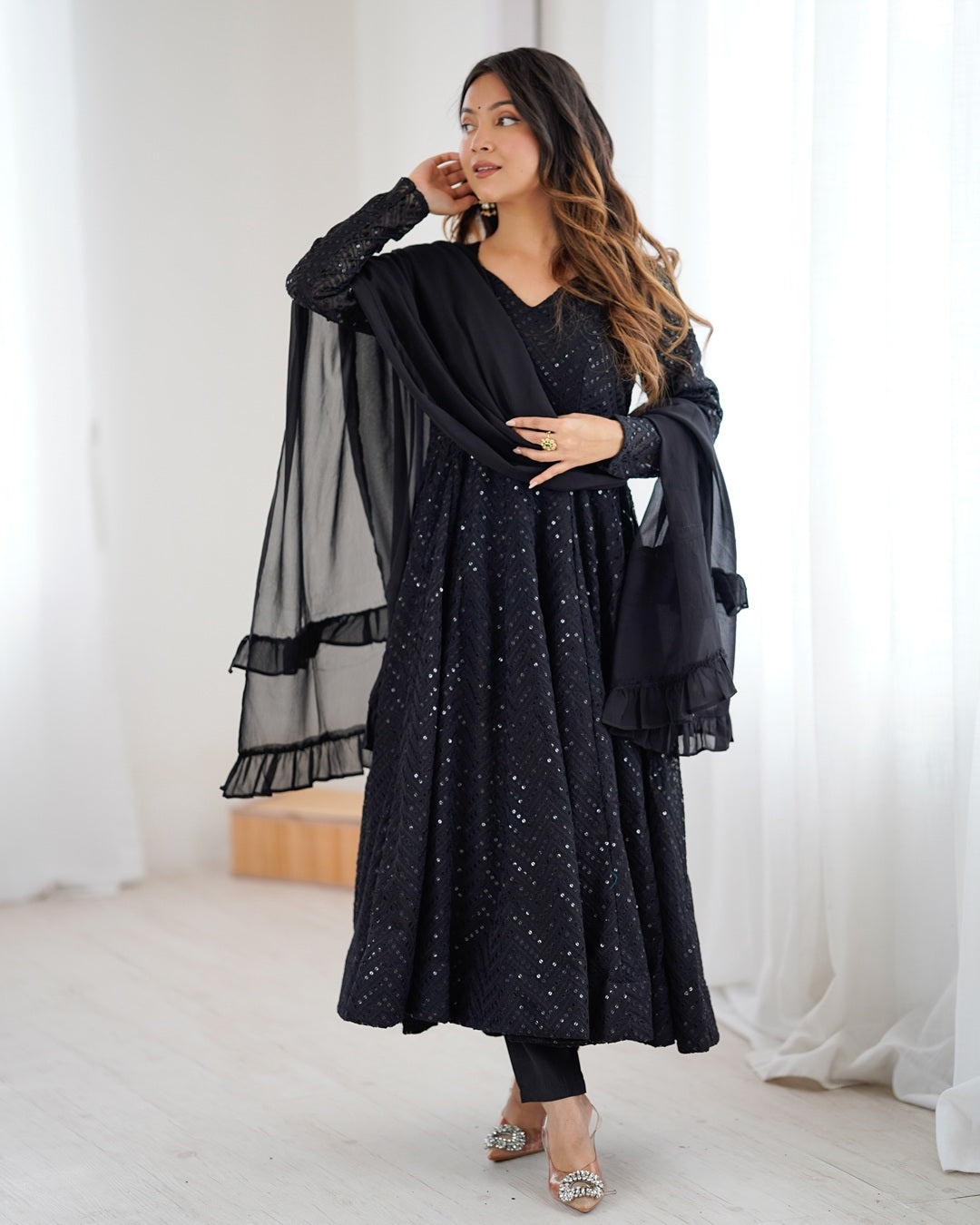 Black Color Georgette Lucknowi Three Piece Anarkali Suit