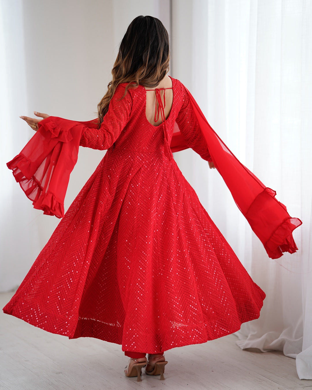 Red Georgette Lucknowi Three-Piece Anarkali Suit