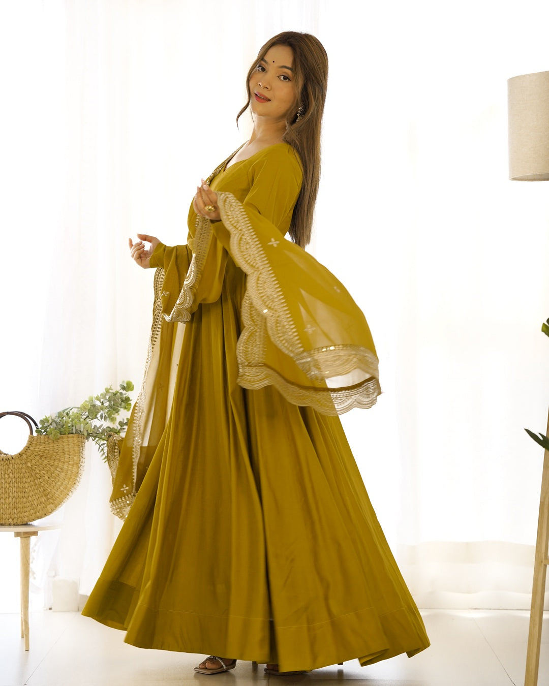 Beautiful Mustard Color Pure Chanderi Silk Three Piece Anarkali Suit