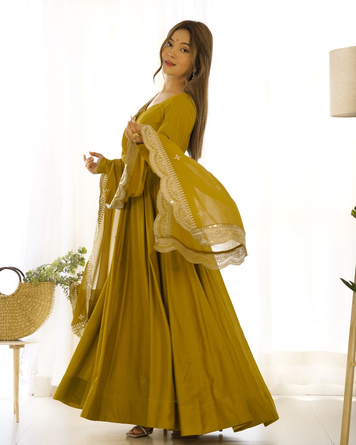 Beautiful Mustard Color Pure Chanderi Silk Three Piece Anarkali Suit