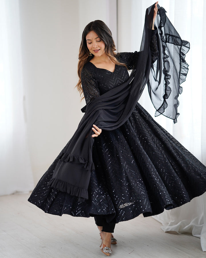 Black Color Georgette Lucknowi Three Piece Anarkali Suit