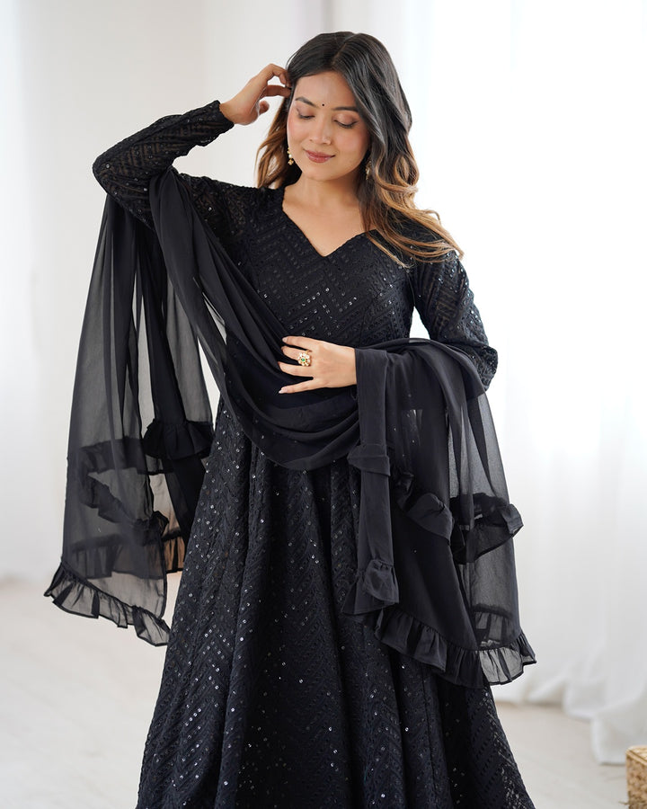 Black Color Georgette Lucknowi Three Piece Anarkali Suit
