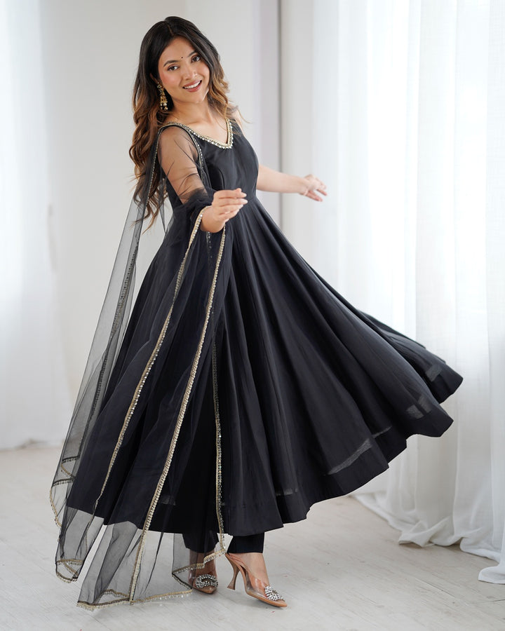 Graceful Chanderi Silk Anarkali with Dupatta & Pants