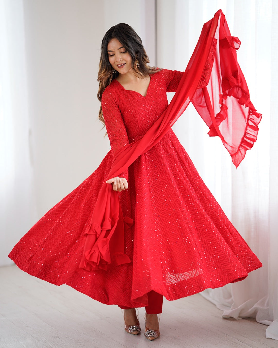 Red Georgette Lucknowi Three-Piece Anarkali Suit