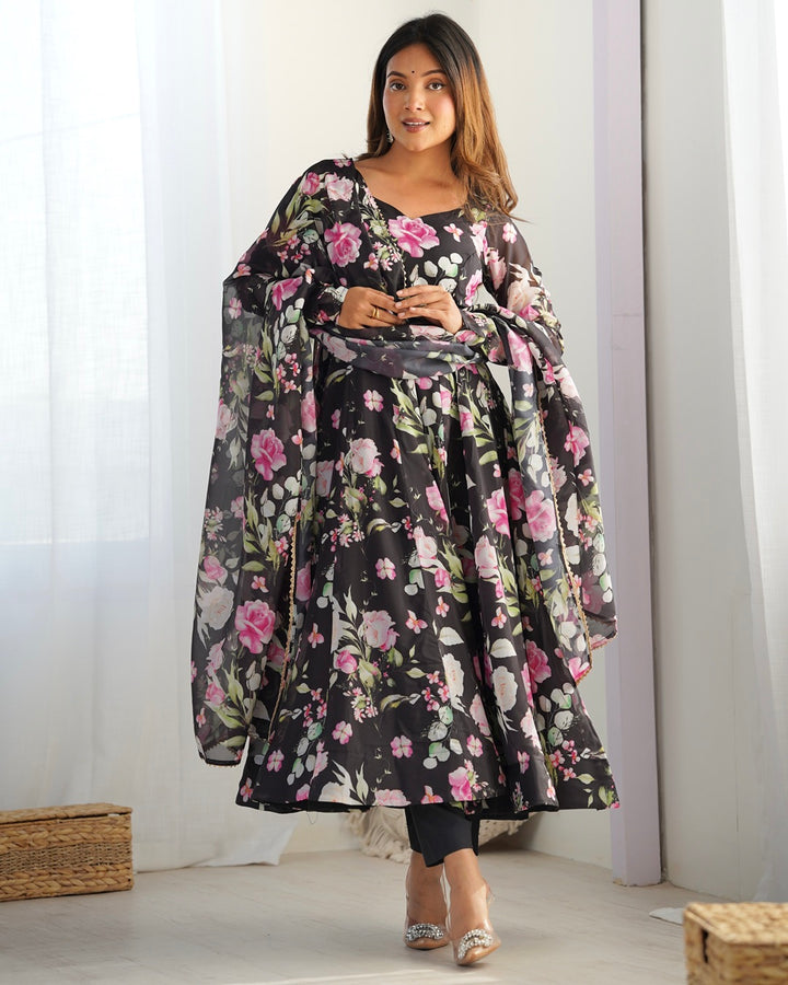 Black Color Pure Soft Organza Three Piece Anarkali Suit