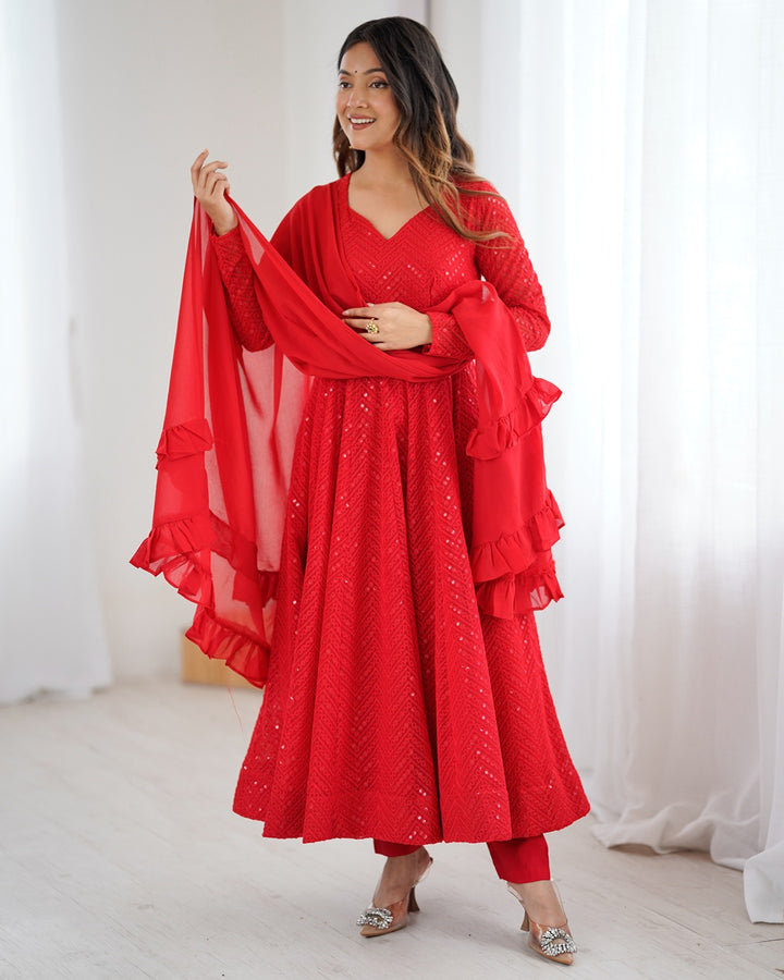 Red Georgette Lucknowi Three-Piece Anarkali Suit