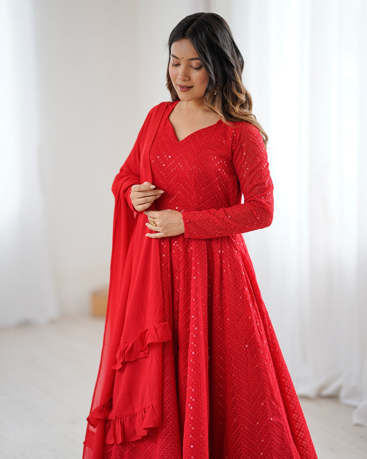 Red Georgette Lucknowi Three-Piece Anarkali Suit