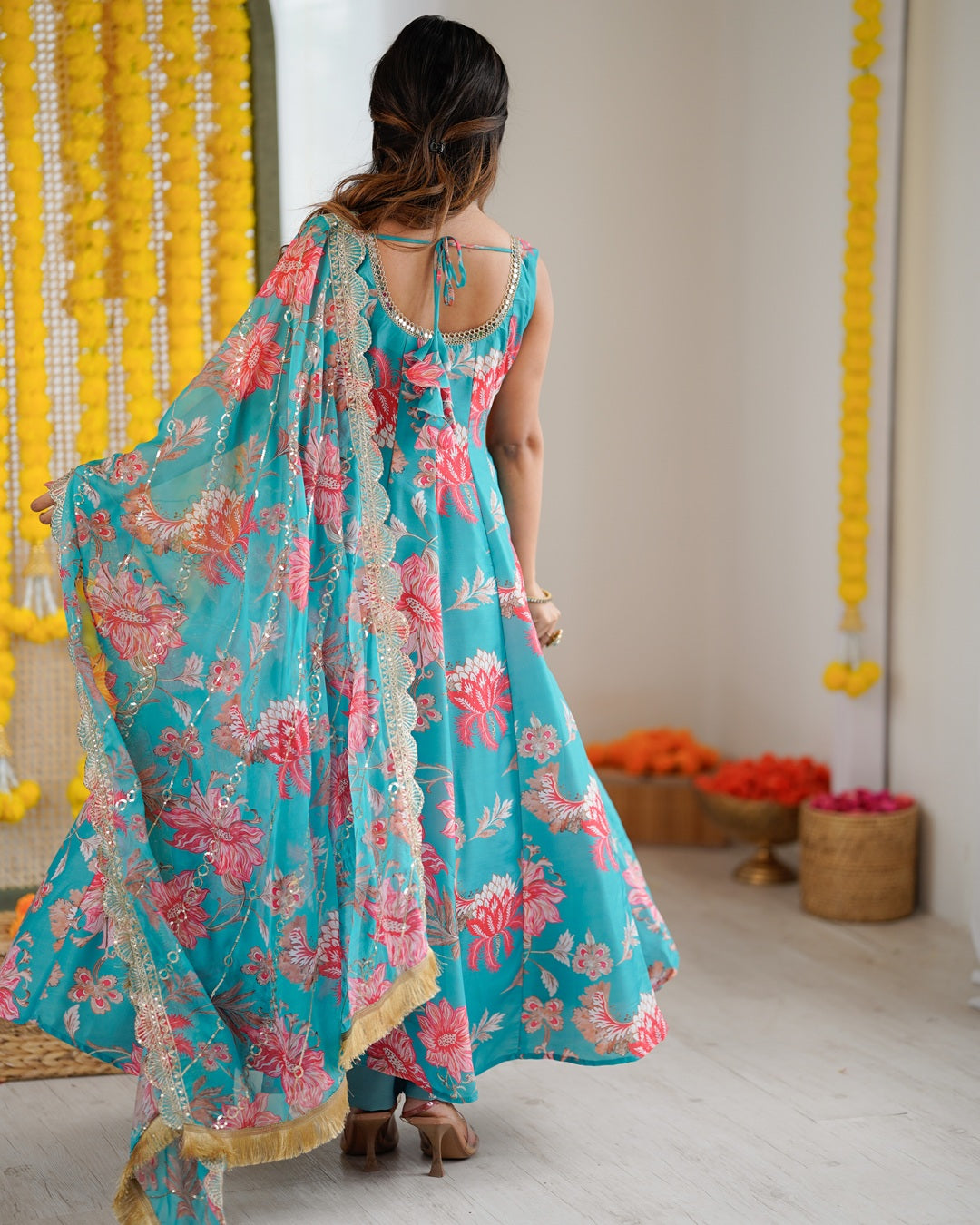 Sky Blue Pure Muslin Cotton Three Piece Anarkali Suit with Dupatta | Festive Ethnic Wear for Women
