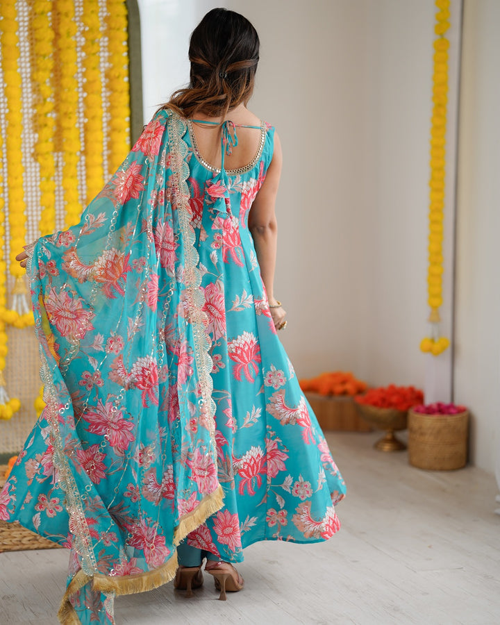 Sky Blue Pure Muslin Cotton Three Piece Anarkali Suit with Dupatta | Festive Ethnic Wear for Women