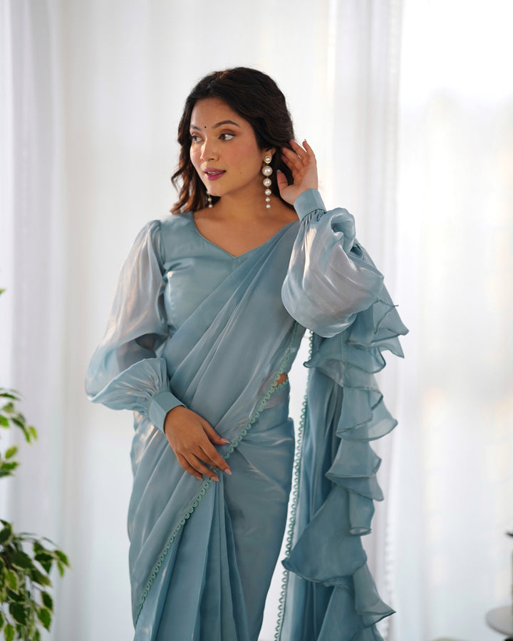 Sky Blue Color Jimmy Choo Pre Draped Saree