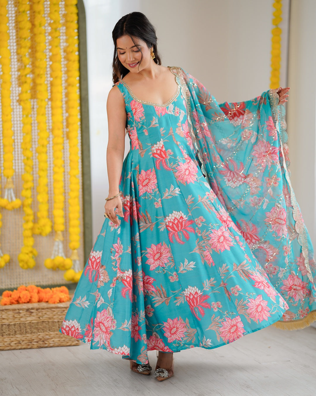 Sky Blue Pure Muslin Cotton Three Piece Anarkali Suit with Dupatta | Festive Ethnic Wear for Women