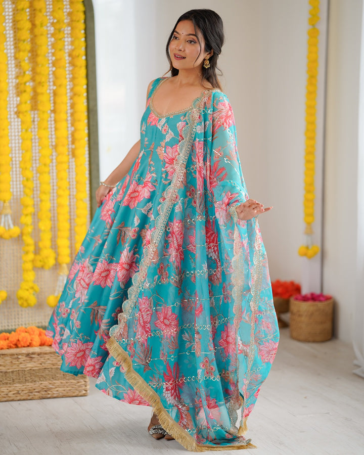 Sky Blue Pure Muslin Cotton Three Piece Anarkali Suit with Dupatta | Festive Ethnic Wear for Women