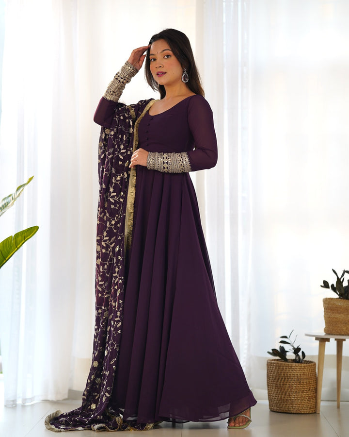 Wine Color Soft Georgette With Heavy Embroidery Work Dupatta Anarkali Suit