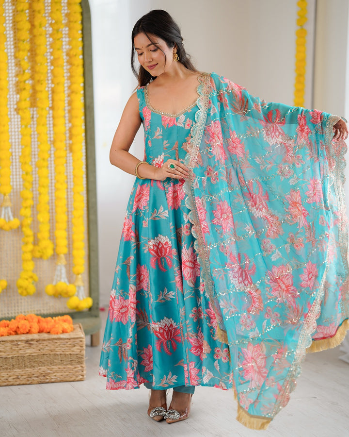 Sky Blue Pure Muslin Cotton Three Piece Anarkali Suit with Dupatta | Festive Ethnic Wear for Women